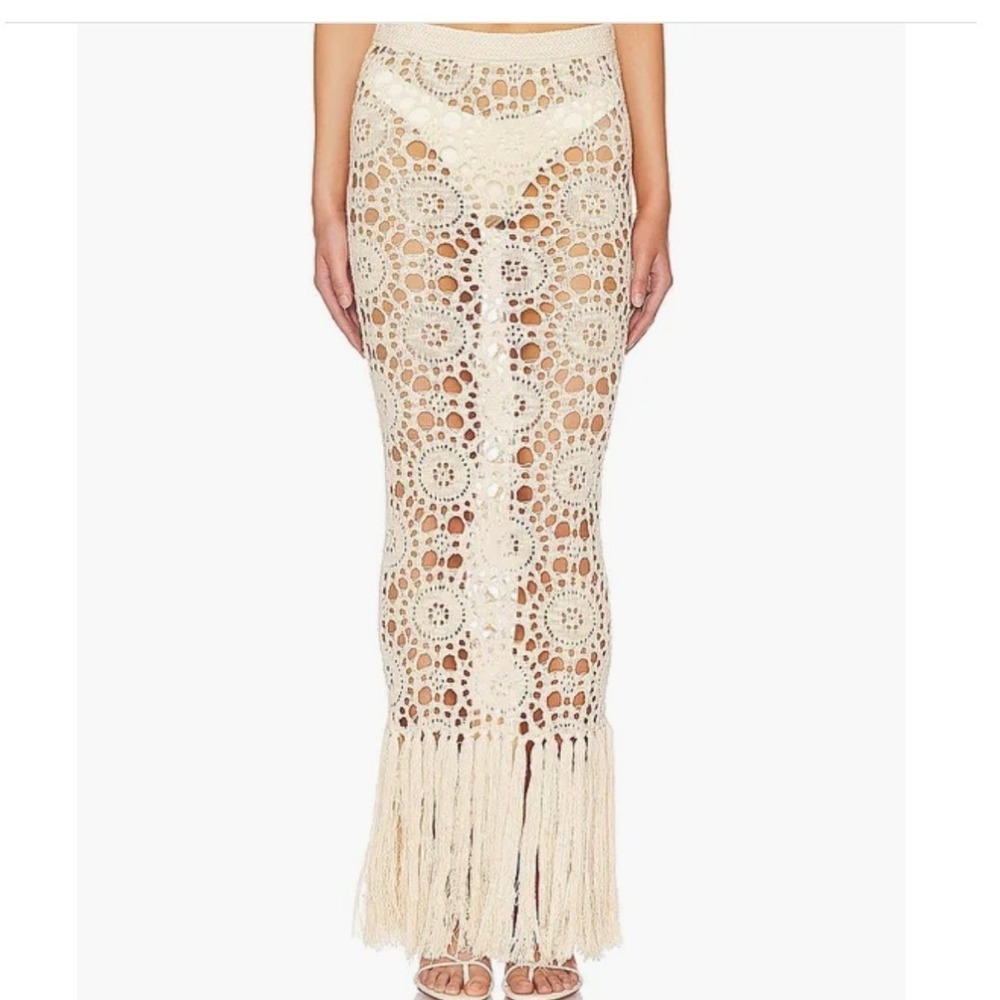 Tularosa Luanne Maxi Skirt Cream Crochet Fringe Boho Knit S Festival Beach Pool